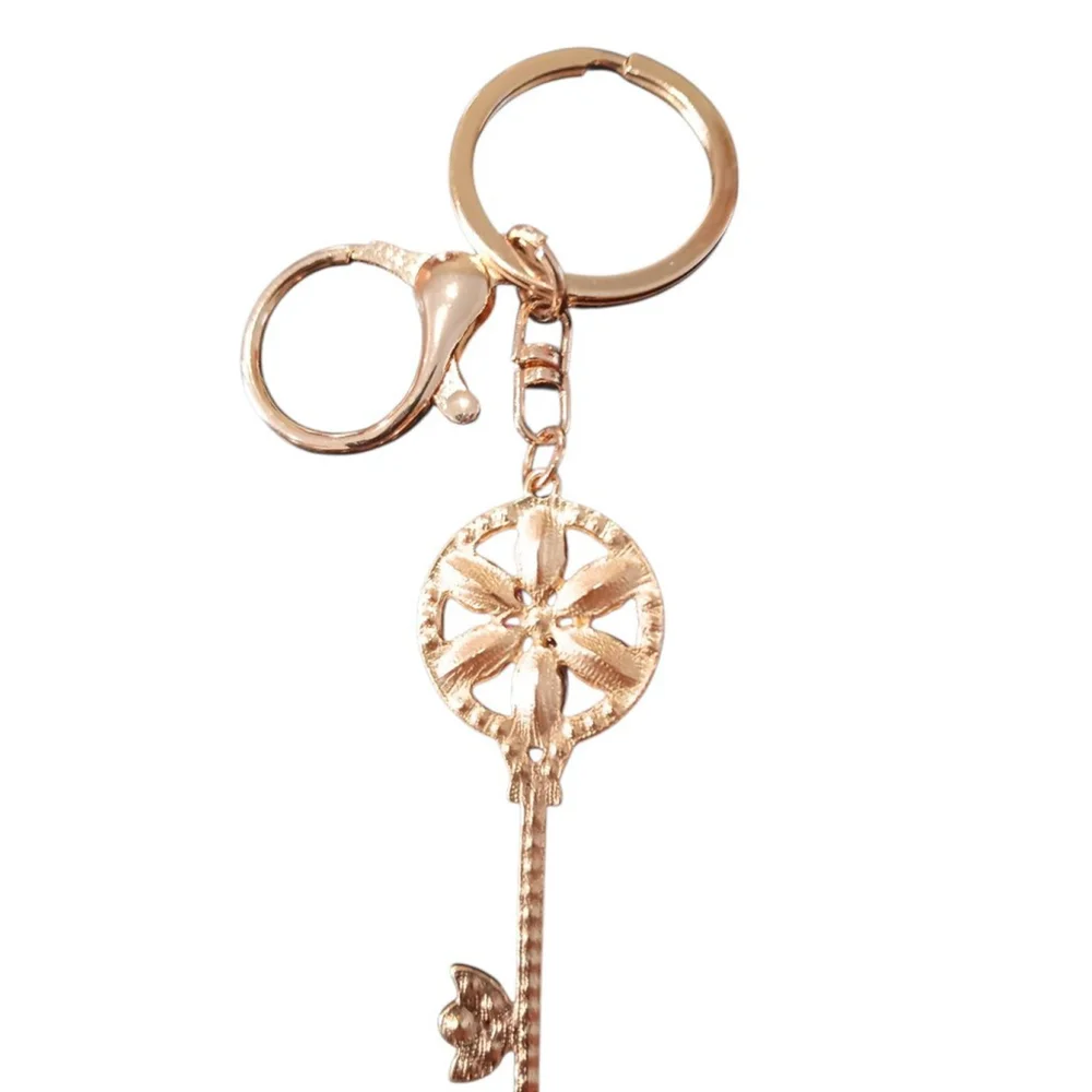 Floral Rhinestone Skeleton Key Keychain Purse Charm with Pink Flower
